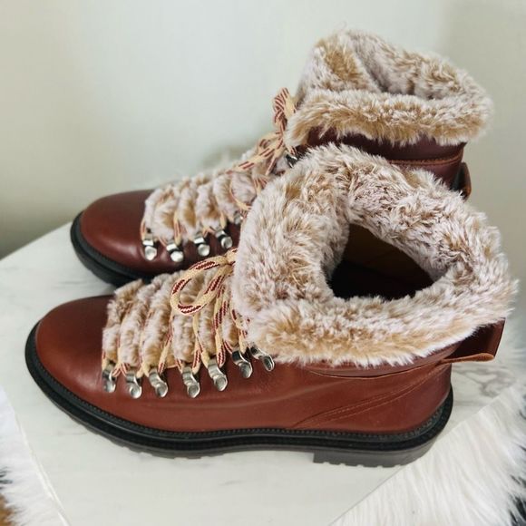 Zara Leather Lace Up Mountain Faux Fur Ankle Boots, Brown, Euro 38 (US 8), NWOT - Picture 10 of 15
